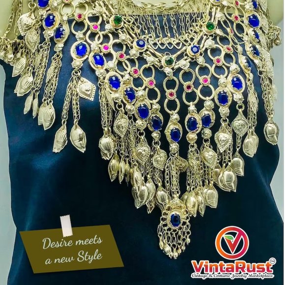 Gypsy Silver Kuchi Massive Choker Necklace With Blue Glass Stones, - Picture 1 of 7